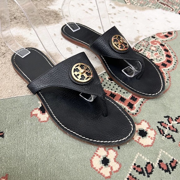 Tory Burch Shoes - Tory Burch | Selma Black Leather Gold Logo Thong Flat Flip Flop Sandals 9.5